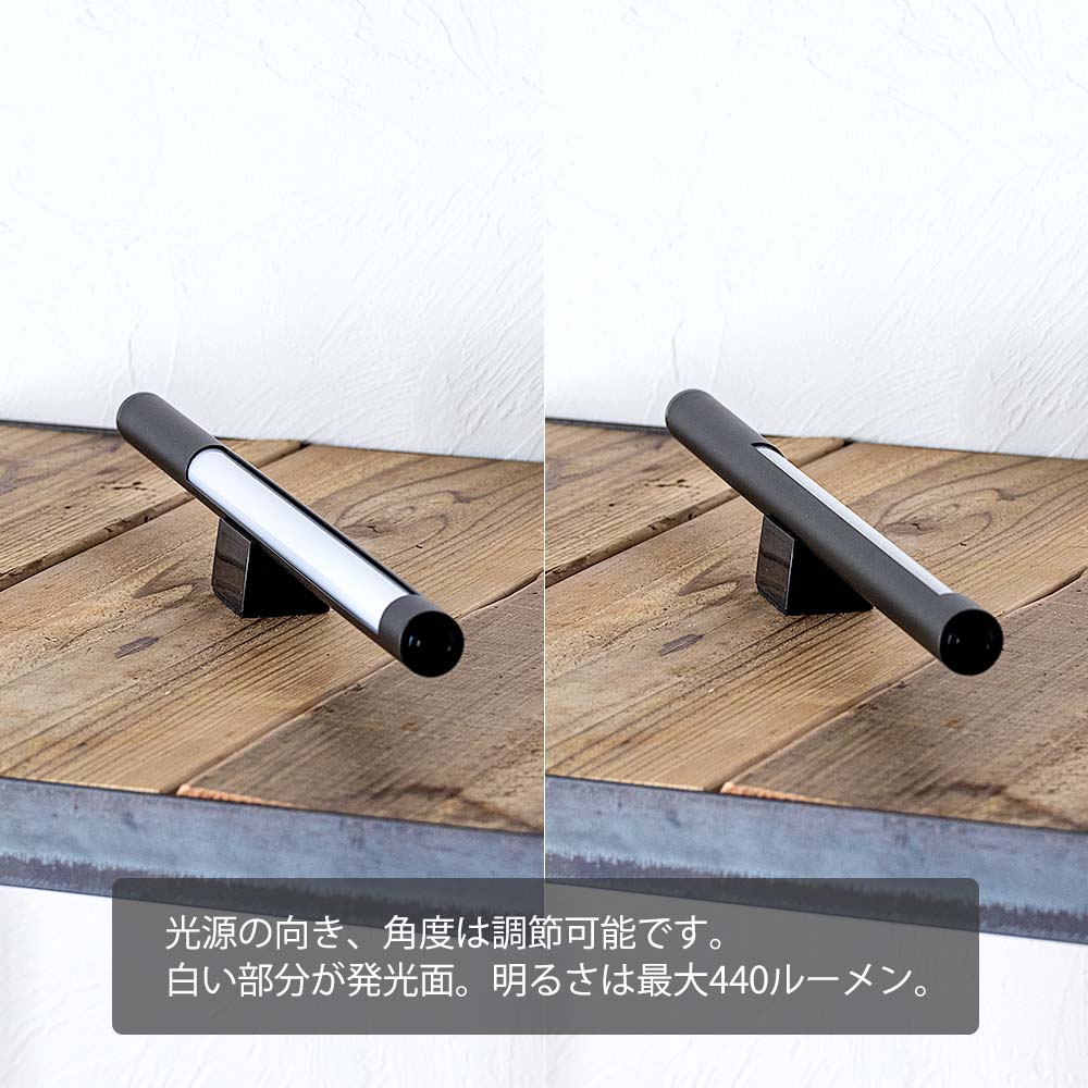 光源の向き、角度は調節可能です。白い部分が発光面。明るさは最大440ルーメン。
